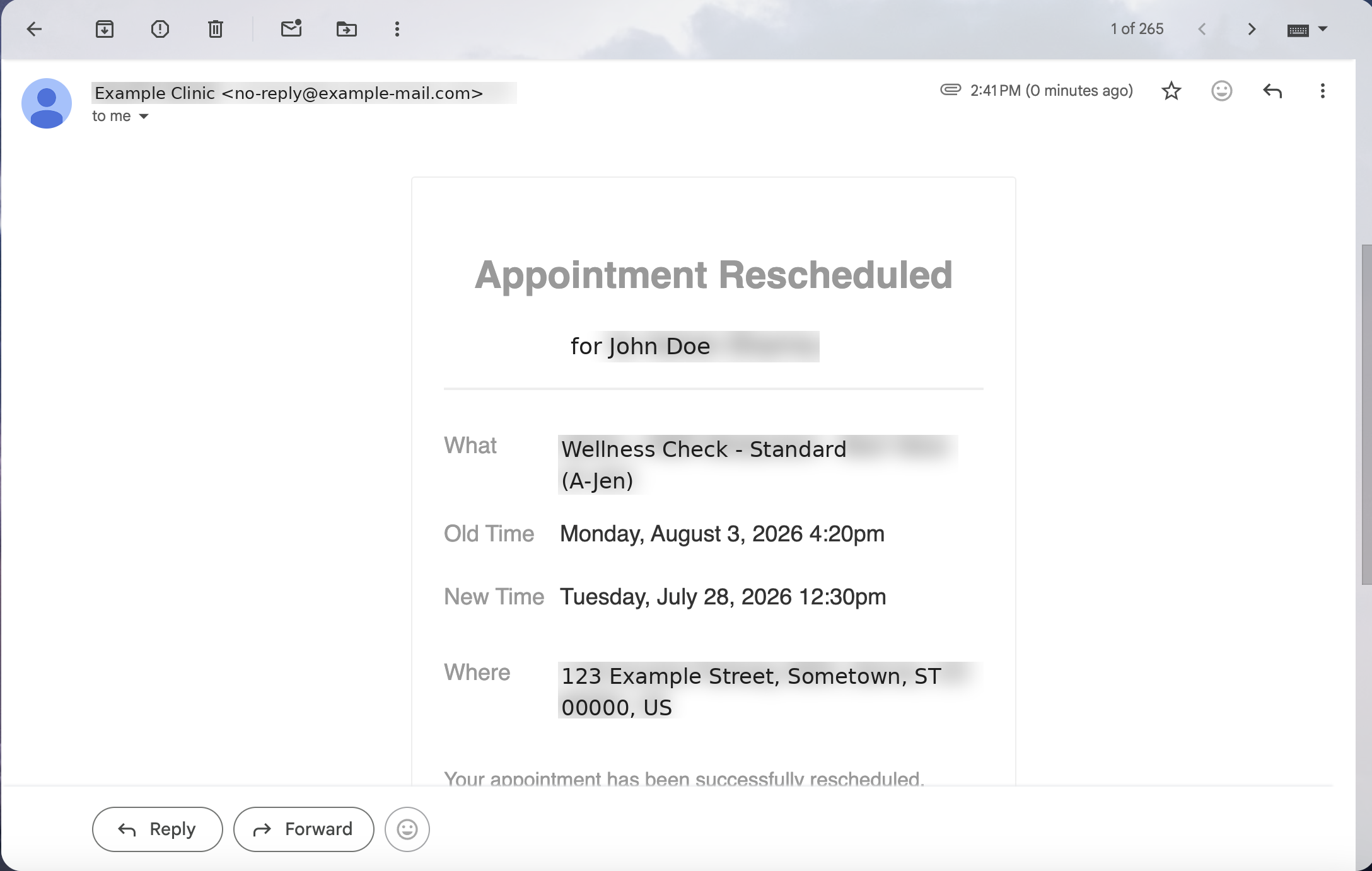 Appointment Rescheduled email template showing the old time, new time, and location fields