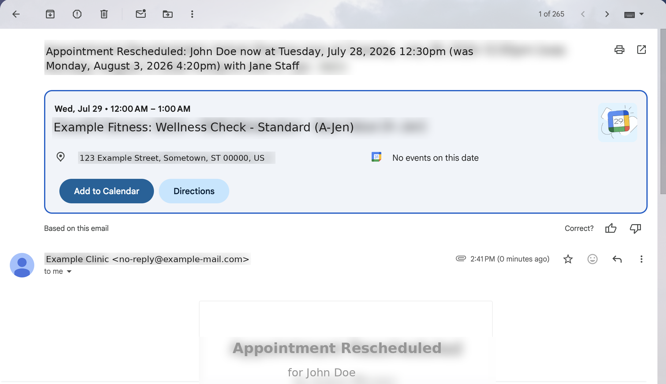 Gmail inbox showing an Acuity appointment-rescheduled confirmation email with the booking details card