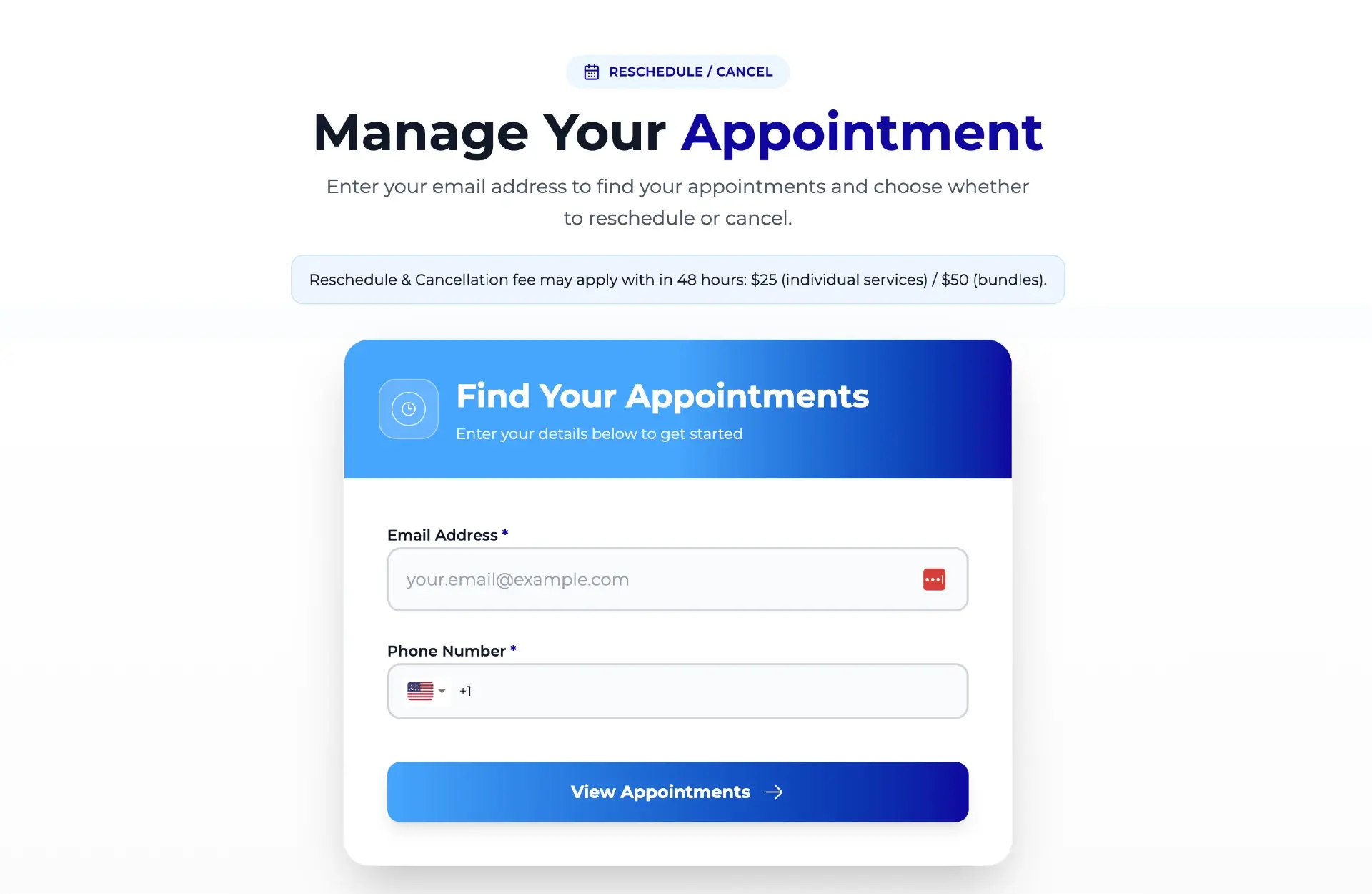 Branded public reschedule page where a client enters their email and phone to find and manage their appointment