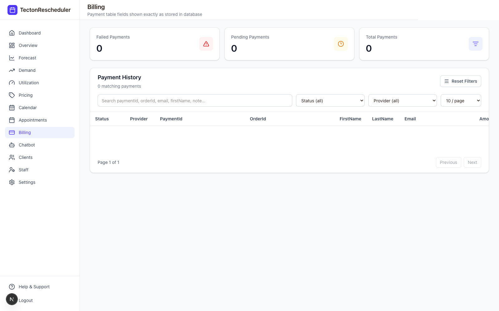Billing page showing payment history filterable by status and provider (Stripe or Square)