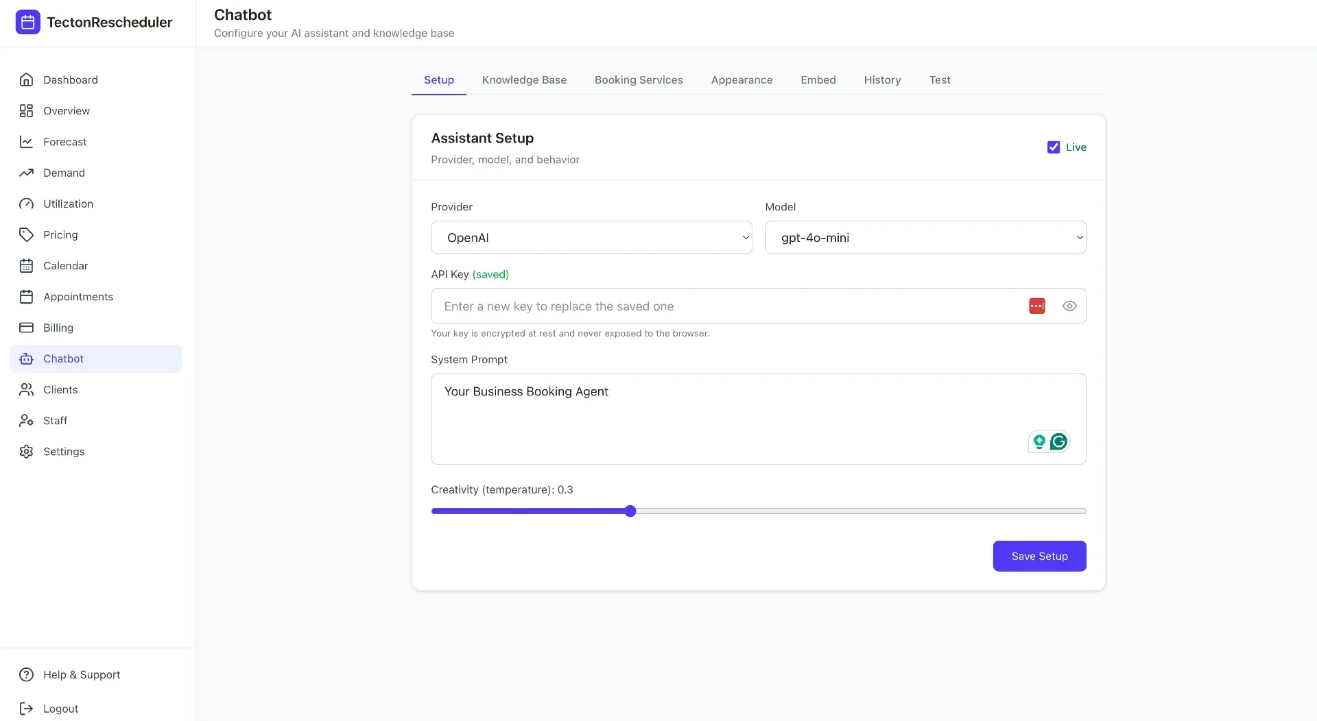 Chatbot setup screen with provider, model, API key, system prompt and a live toggle