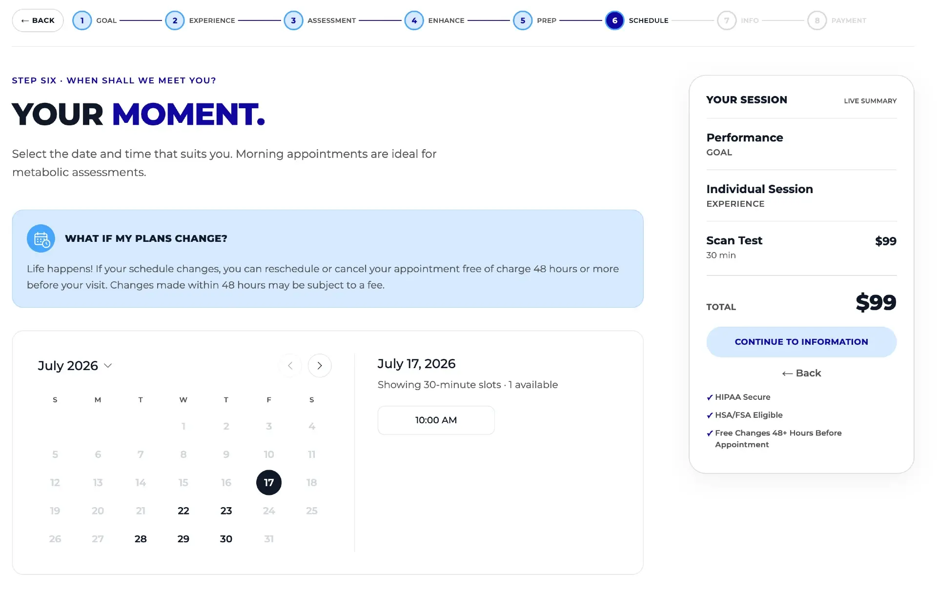 Fully custom-branded scheduling step with a date picker and live session summary sidebar