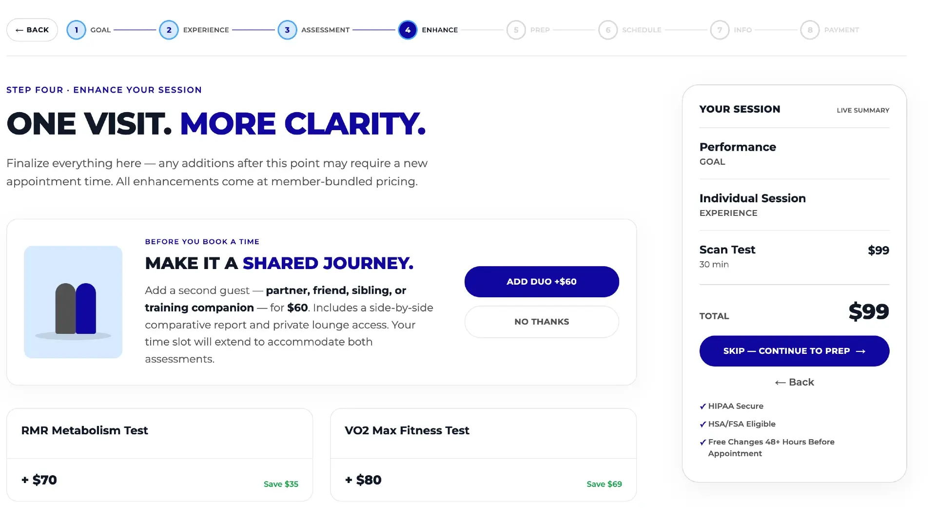 Custom booking flow enhance step showing an add-on upsell and bundle savings on top of the base service