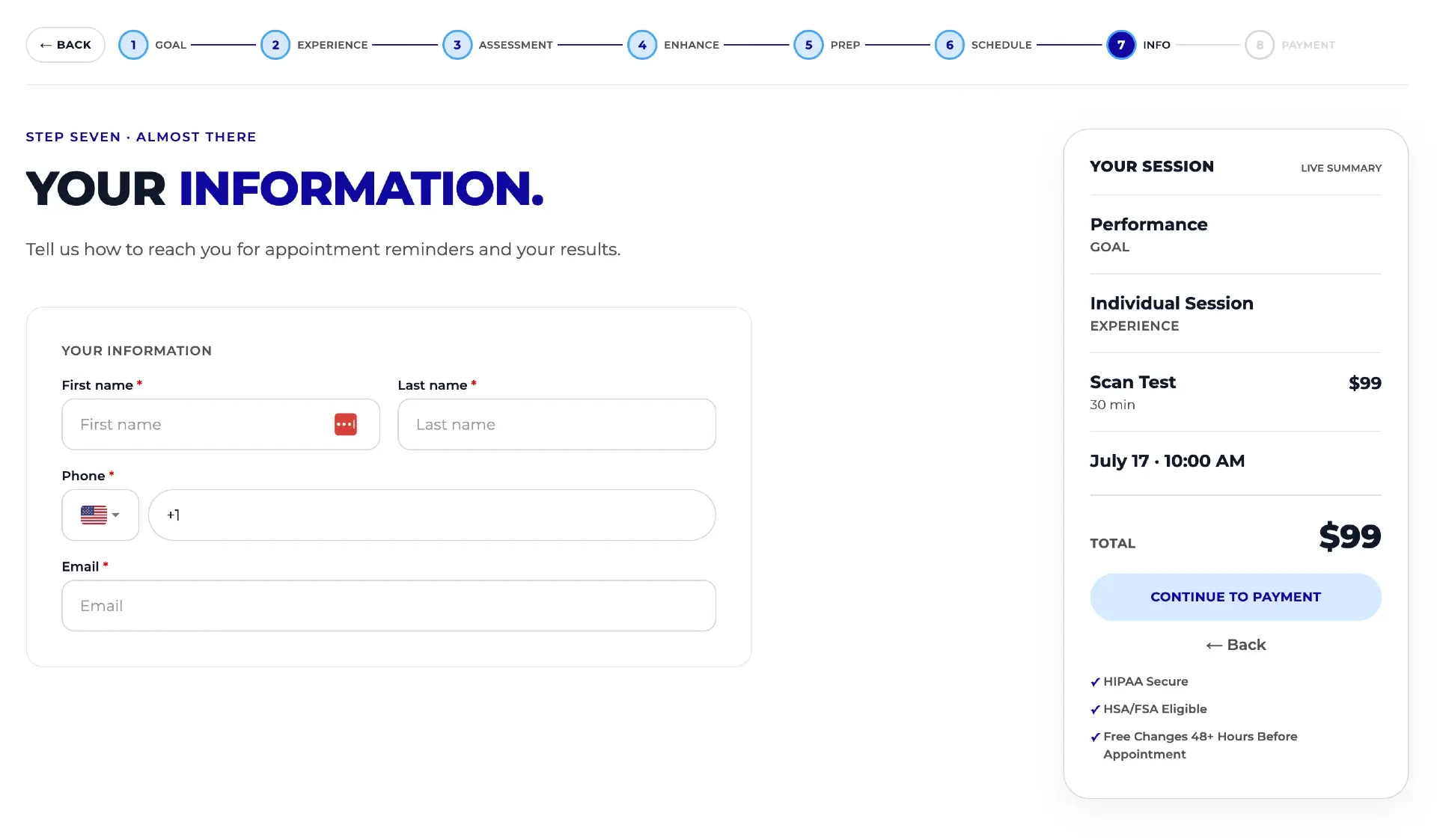 Custom booking flow's information step collecting name, phone, and email as native page code, not an iframe