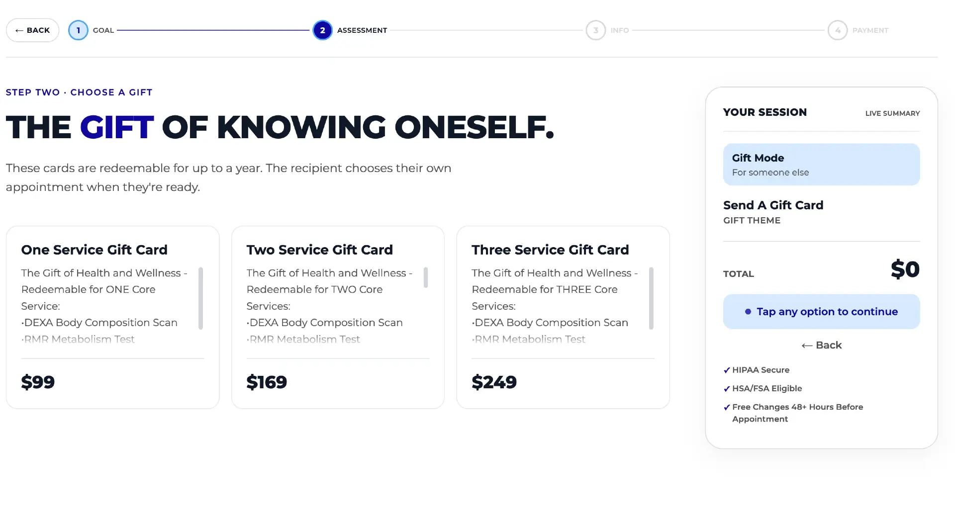 Custom booking flow's gift card step showing one, two, and three-service gift card options with pricing