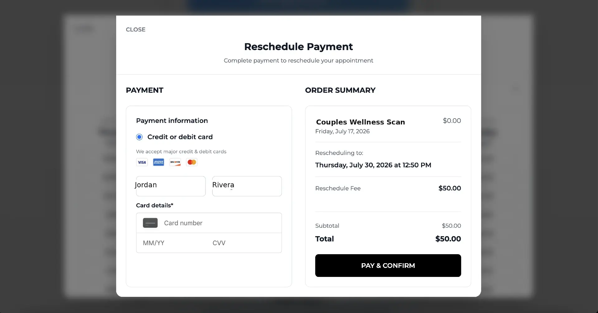 Payment modal charging a fee with card details, order summary, and total before confirming