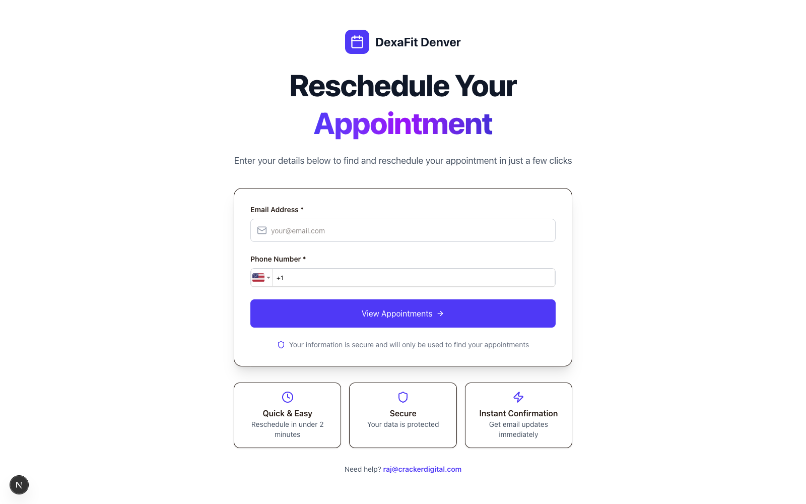 Public self-serve reschedule page for DexaFit Denver, asking for email and phone number before showing available slots