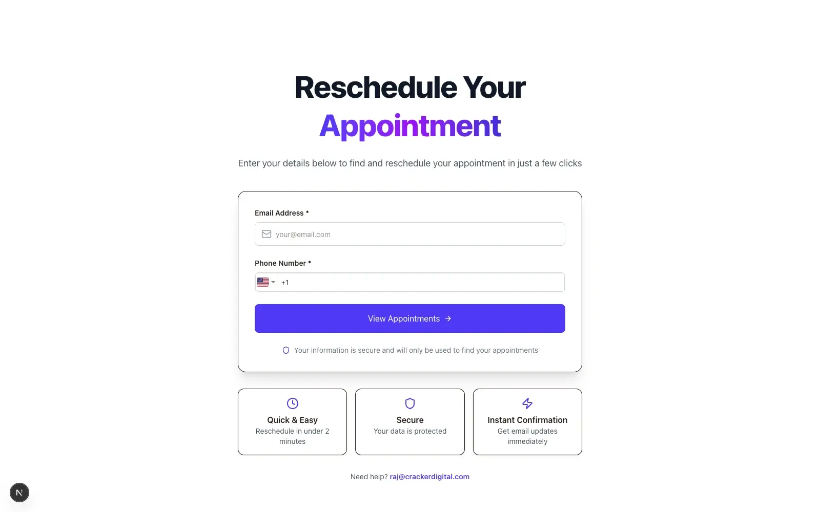 Public self-serve reschedule page asking for email and phone number