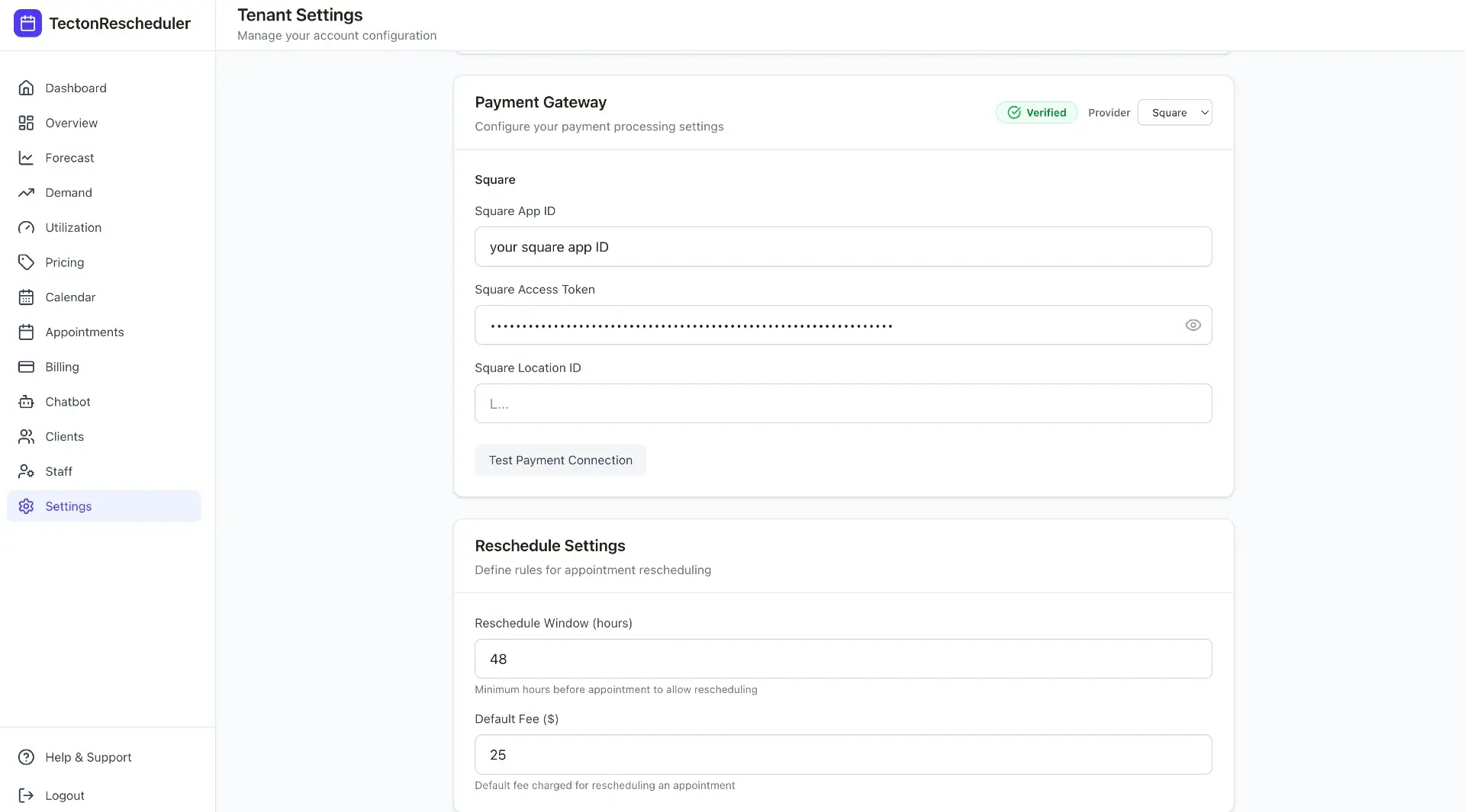 Settings page showing Acuity scheduling details, timezone, verification badges, and a generated public reschedule link